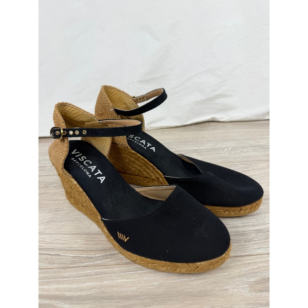 Viscata Black Canvas Wedge Espadrilles with Tan Jute Heel